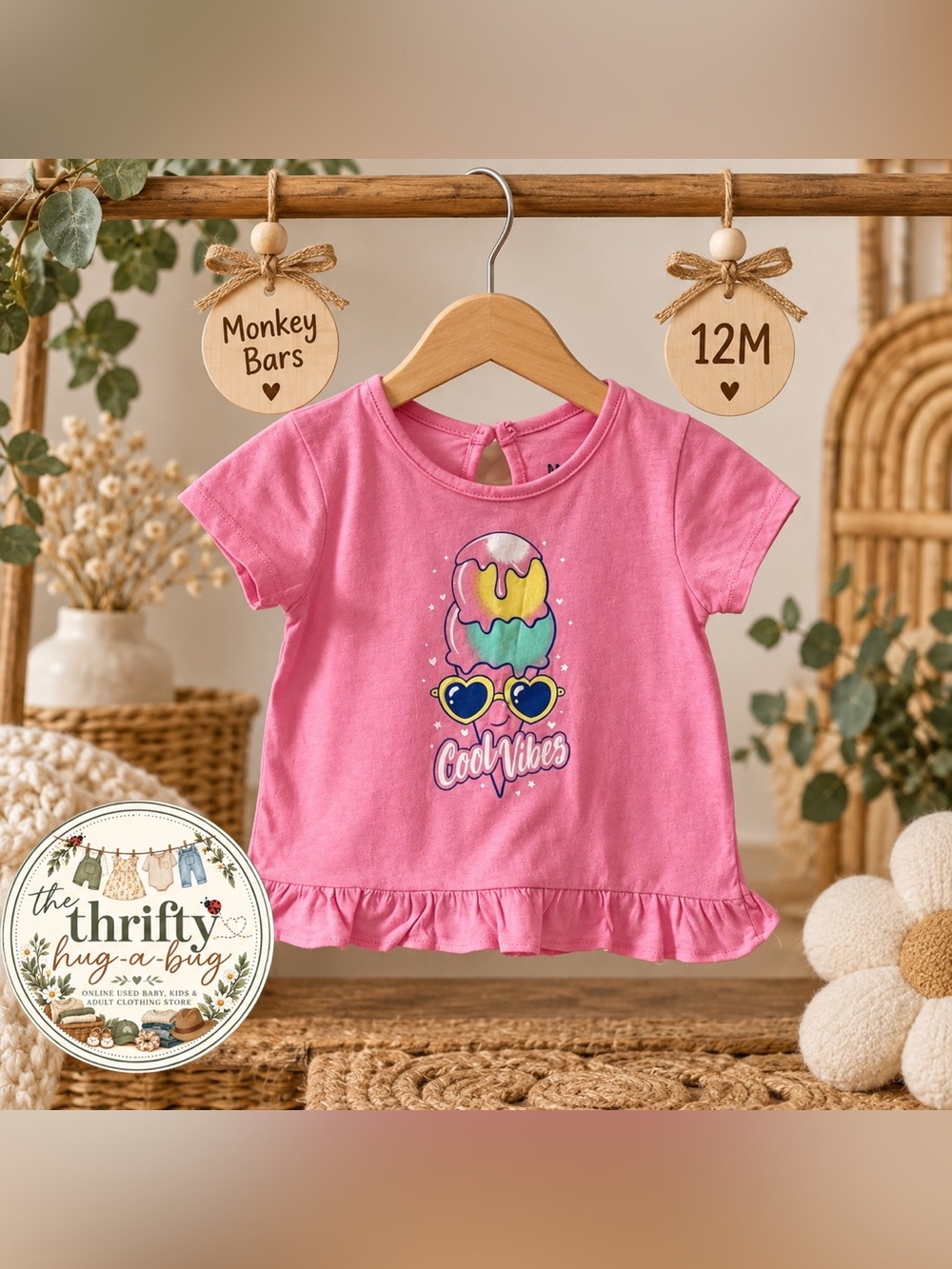 Monkey Bars Baby Girls Pink “Cool Vibes” Ruffle Top | 12M 🍦💗